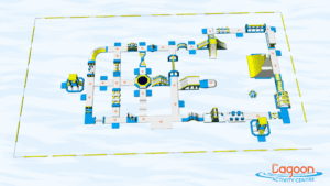 Illustration of the new water park layout at the Lagoon Activity Centre, featuring interconnected inflatable obstacles, slides, towers and climbing zones on water.
